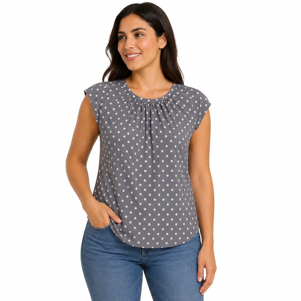 Lauren Conrad Women Large Grey Polka Dot Sleeveless Tie Back Pleated Blouse Top